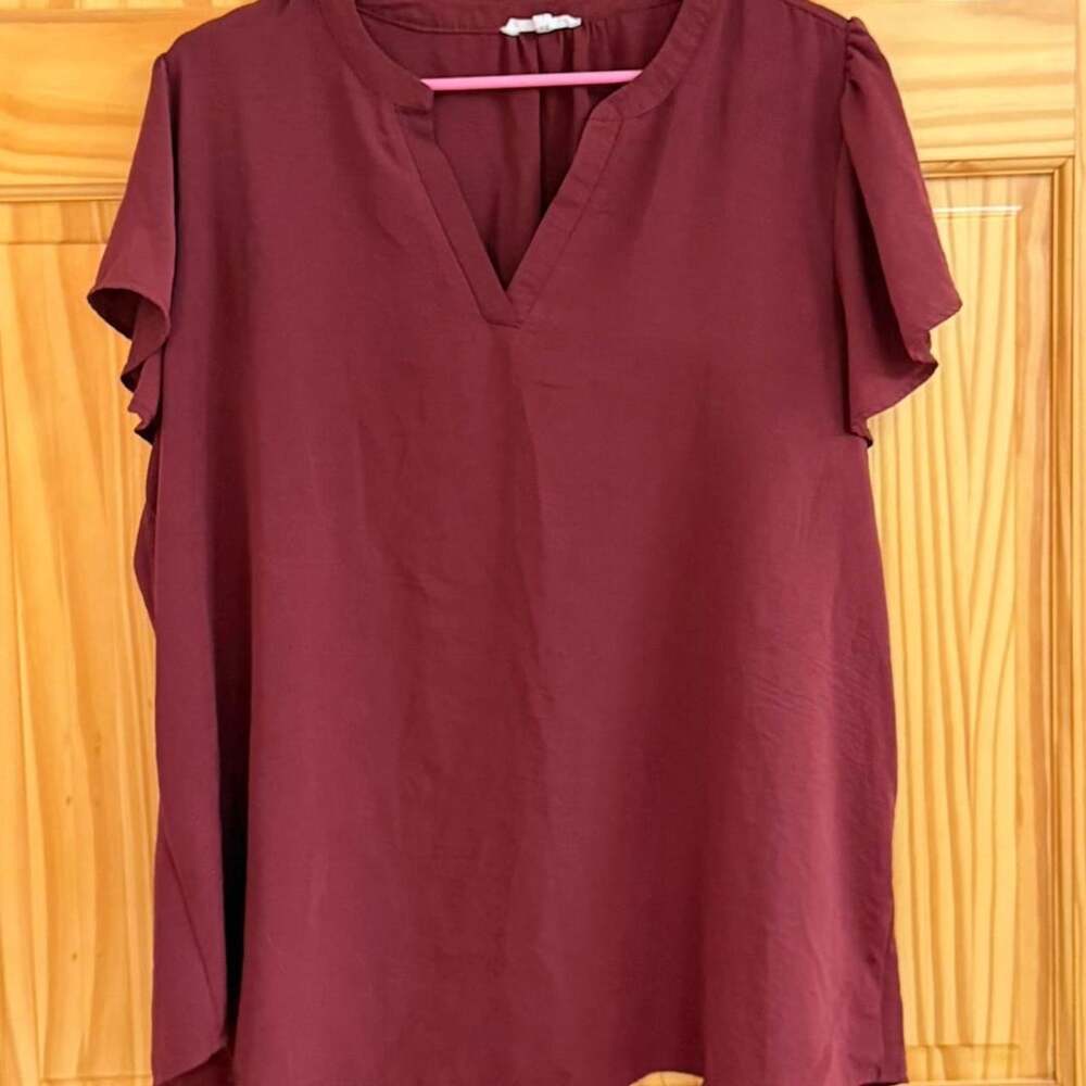 Maurices Burgundy V-Neck Flutter Sleeve Blouse